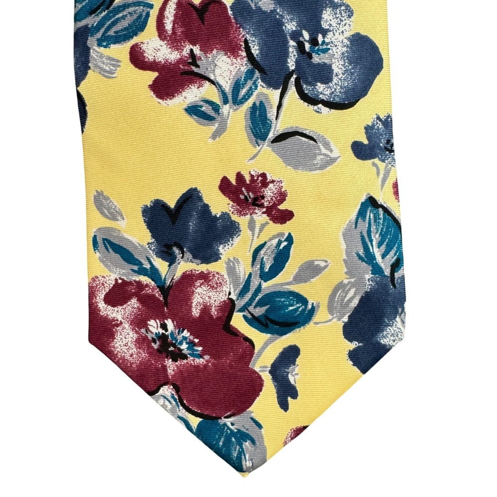Puritan Clothing of Cape Cod Mens Silk Tie Yellow Floral Burgundy Navy Blue USA